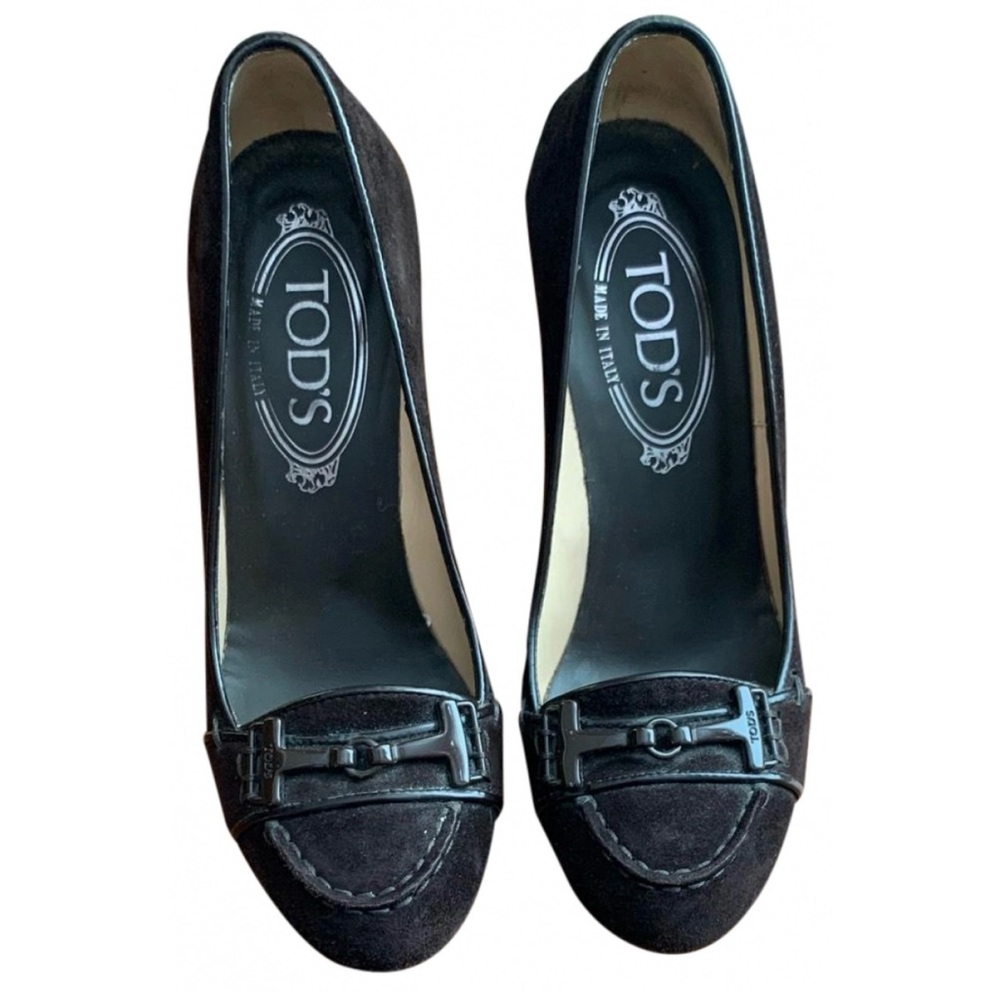 Tod's Black Suede Heels with Buckle Accent